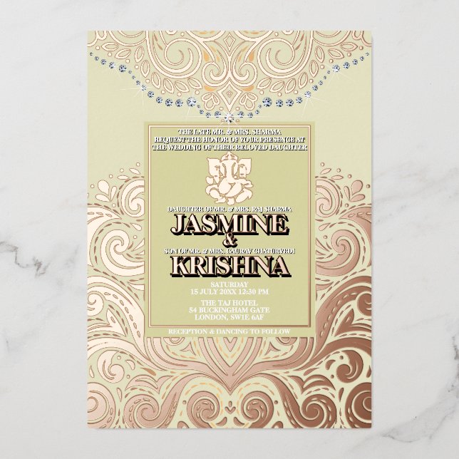 Invitation En Aluminium Mariage hindou LuxGlitter ivoire roseOr Ganesha (Recto)