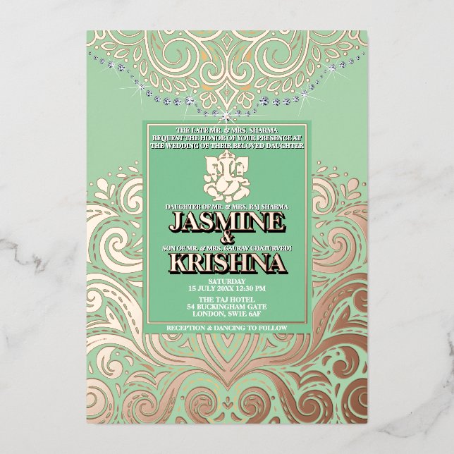 Invitation En Aluminium Mariage hindou LuxGlitter Sage roseGold Ganesha (Recto)