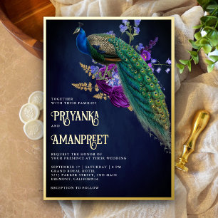 Invitation En Aluminium Mariage indien floral bleu de minuit violet Paon