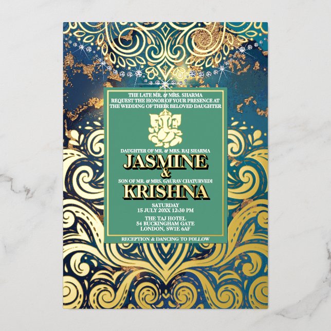Invitation En Aluminium Mariage indien LuxGlitter Blue Gold Hindu Ganesha (Recto)