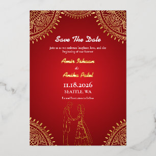 Invitation En Aluminium Mariage indien Red Gold Enregistrer la date
