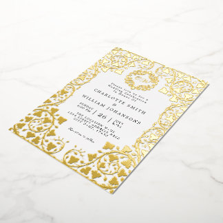 Invitation En Aluminium Mariage initial du cadre Floral Or Elegant Blanc
