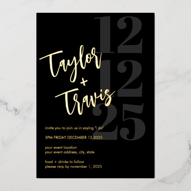 Invitation En Aluminium Mariage/Invitation Fiançailles Black & Gold (Recto)