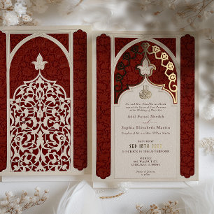 Invitation En Aluminium Mariage islamique opulent rubis et crème avec dent