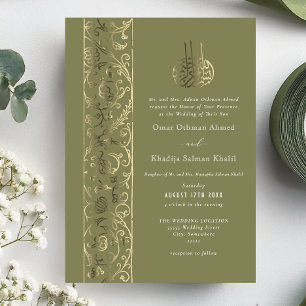 Invitation En Aluminium Mariage islamique orné floral vert olive or