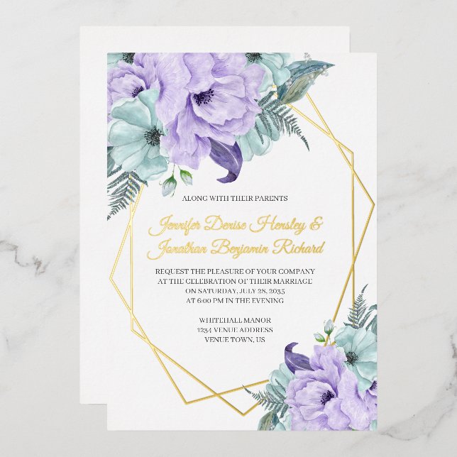 Invitation En Aluminium Mariage Lavender et Mint Peonies (Recto/Verso)