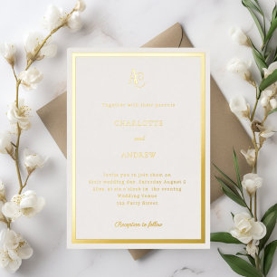 Invitation En Aluminium Mariage luxe monogramme moderne or ivoire