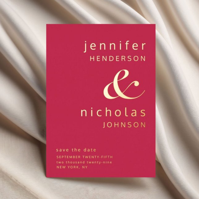 Invitation En Aluminium Mariage Magenta Moderne Enregistrer La Date Or (Magenta Gold Ampersand Wedding Save The Date Foil Invitation)