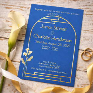 Invitation En Aluminium Mariage minimaliste Art Nouveau Arc en or Lys bleu