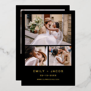 Invitation En Aluminium Mariage minimaliste noir or quatre photo