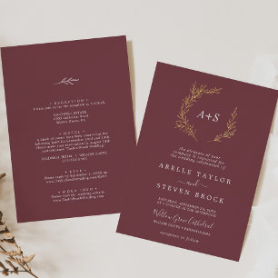 Invitation En Aluminium Mariage minimaliste tout-en-un feuille bordeaux or