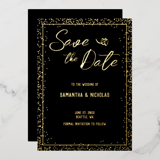 Invitation En Aluminium Mariage minimum noir et or Enregistrer la date (Recto/Verso)