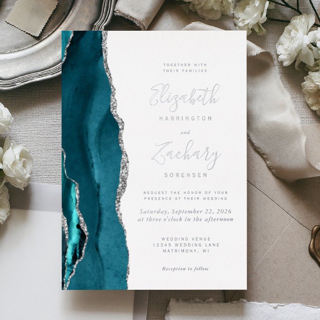 Invitation En Aluminium Mariage moderne à l'agate bleu sarcelle et argent (Créateur téléchargé)