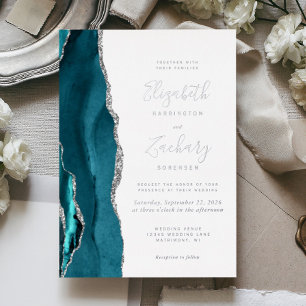 Invitation En Aluminium Mariage Moderne Agate Bleu Turquoise Argent