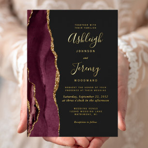 Invitation En Aluminium Mariage Moderne Agate Bordeaux Rouge Or Sombre