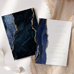 Invitation En Aluminium Mariage Moderne Agate Or Bleu Marine