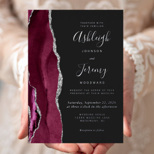 Invitation En Aluminium Mariage Moderne Argent Bourgogne Agate Foncé