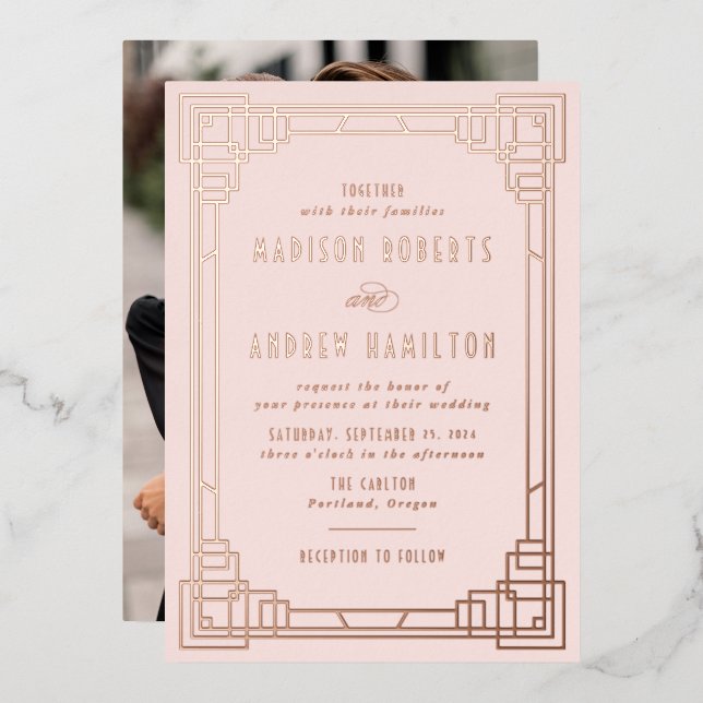 Invitation En Aluminium Mariage moderne Art déco Blush et or Rose (Recto/Verso)