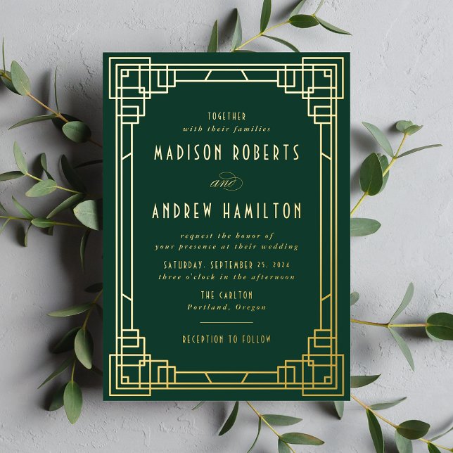 Invitation En Aluminium Mariage moderne Art déco Vert et or (Créateur téléchargé)