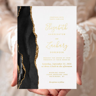 Invitation En Aluminium Mariage moderne Black Gold Agate