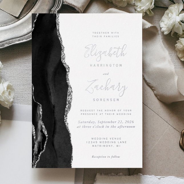 Invitation En Aluminium Mariage moderne Black Silver Agate (Créateur téléchargé)