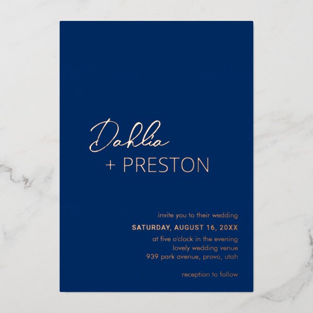 Invitation En Aluminium Mariage moderne bleu marine minimal (Recto)