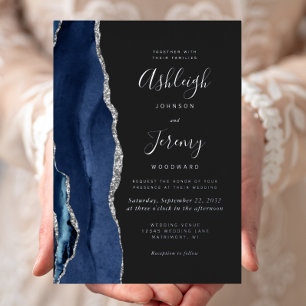Invitation En Aluminium Mariage Moderne Bleu Nuit Argent Agate Foncé