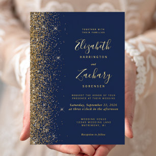 Invitation En Aluminium Mariage Moderne Bleu Nuit Paillettes Dorées sur le