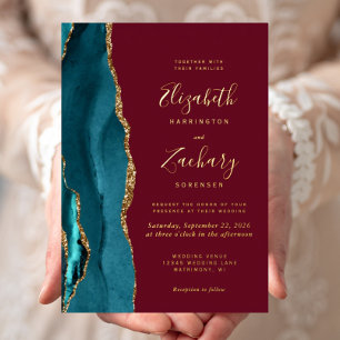 Invitation En Aluminium Mariage Moderne Bleu Sarcelle Or Agate Bourgogne
