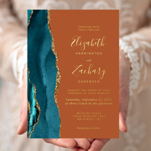 Invitation En Aluminium Mariage Moderne Bleu Sarcelle Or Agate Rouille