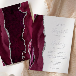 Invitation En Aluminium Mariage moderne Burgundy Red Silver Agate