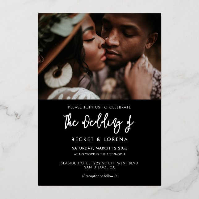 Invitation En Aluminium Mariage moderne contemporain photo noir & argent (Recto)