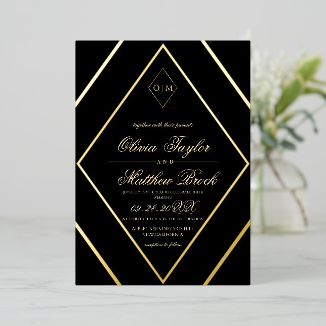 Invitation En Aluminium Mariage moderne Diamond Black Gold (Debout devant)