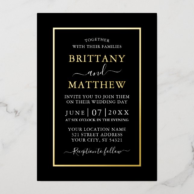 Invitation En Aluminium Mariage Moderne Elégant Noir Blanc Or (Recto)