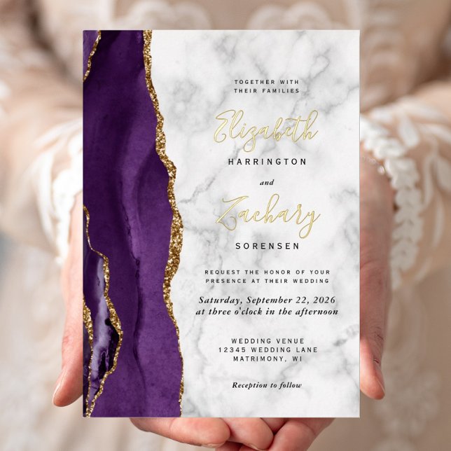 Invitation En Aluminium Mariage moderne en marbre doré violet (Créateur téléchargé)
