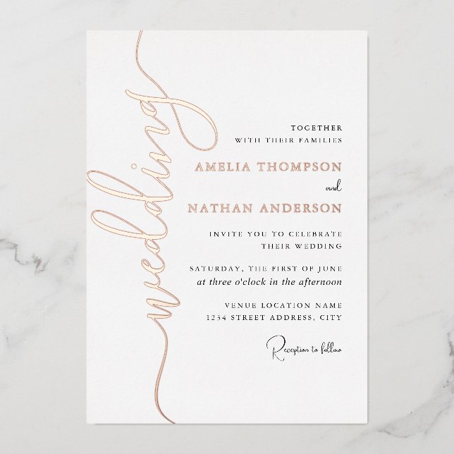 Invitation En Aluminium Mariage Moderne en Or Rose  (Recto)
