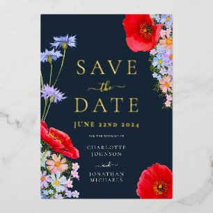 Invitation En Aluminium Mariage Moderne Fleur de Champ Or Bleu