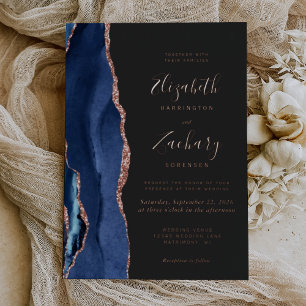 Invitation En Aluminium Mariage Moderne Navy Blue Or Rose Agate