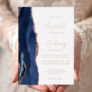 Invitation En Aluminium Mariage Moderne Navy Blue Or Rose Agate