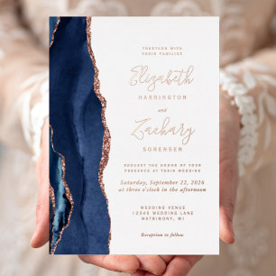 Invitation En Aluminium Mariage Moderne Navy Blue Or Rose Agate