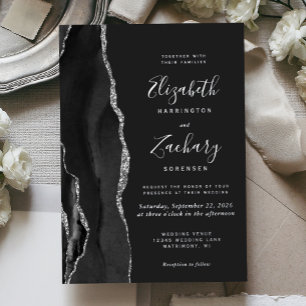 Invitation En Aluminium Mariage Moderne Noir Argent Agate Foncé
