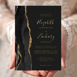 Invitation En Aluminium Mariage Moderne Noir Or Agate Sombre