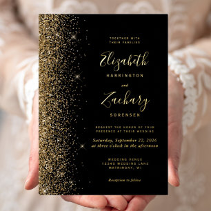 Invitation En Aluminium Mariage Moderne Noir Or Faux Paillettes Bordure