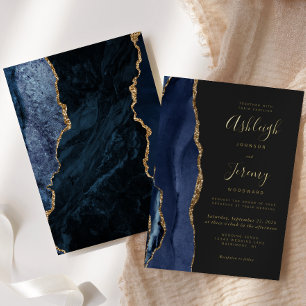 Invitation En Aluminium Mariage Moderne Or Bleu Nuit Agate Sombre