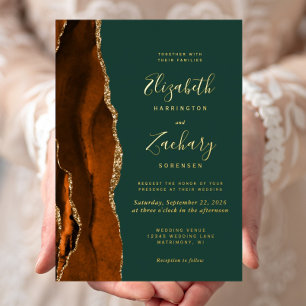 Invitation En Aluminium Mariage Moderne Orange Brûlé Agate Vert Émeraude
