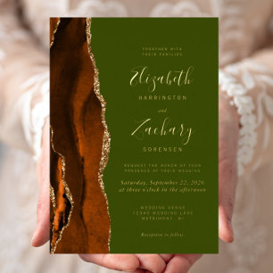 Invitation En Aluminium Mariage Moderne Orange Brûlé Agate Vert Olive