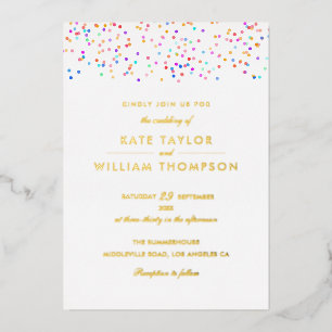Invitation En Aluminium Mariage Moderne Photo Confetti Arc-en-Ciel Or