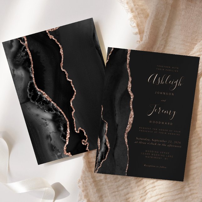 Invitation En Aluminium Mariage Moderne Rose Gold et Agate Noire (Créateur téléchargé)