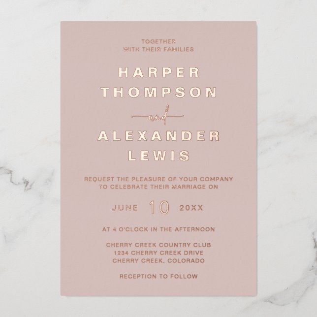 Invitation En Aluminium Mariage moderne Rose or (Recto)