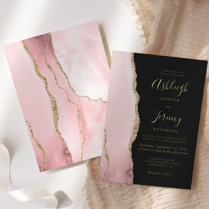 Invitation En Aluminium Mariage Moderne Rose Pâle Agate Dorée Sombre